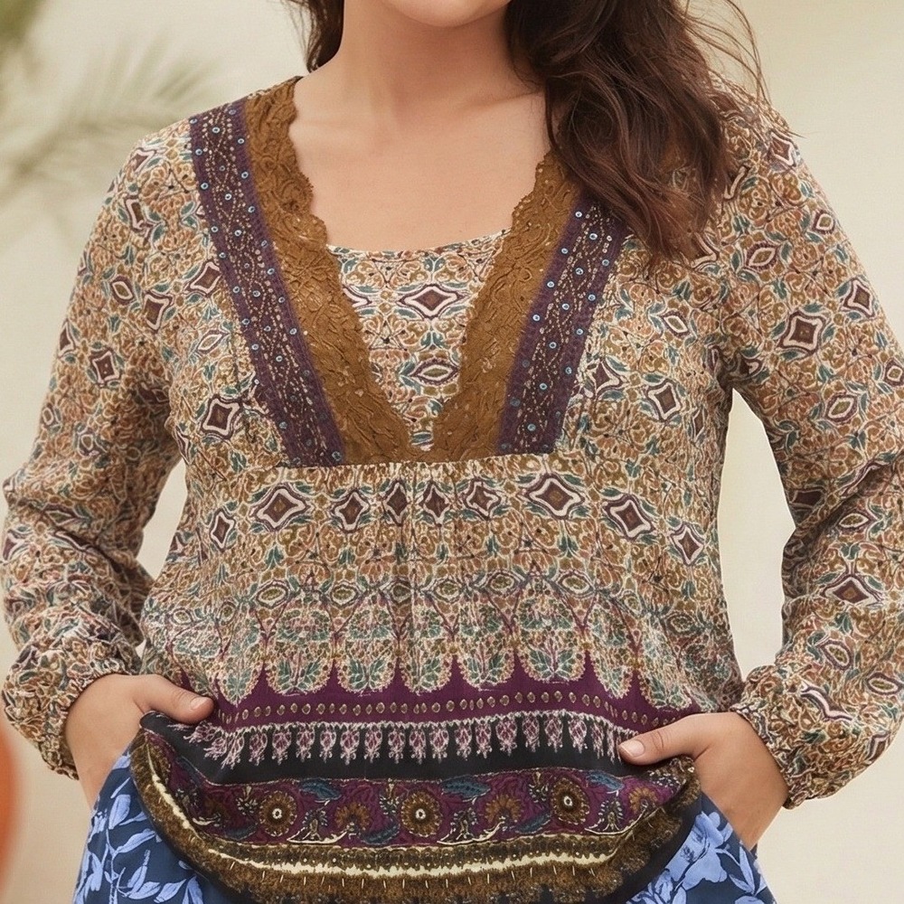 Dressbarn Tunic Top Women XL Multicolor Excellent Paisley Lace Sequin Boho Boho - Picture 13 of 13